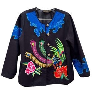 Julia Kim Embroidered Appliqué Jacket Blazer Mexican Tropical Floral Art to Wear